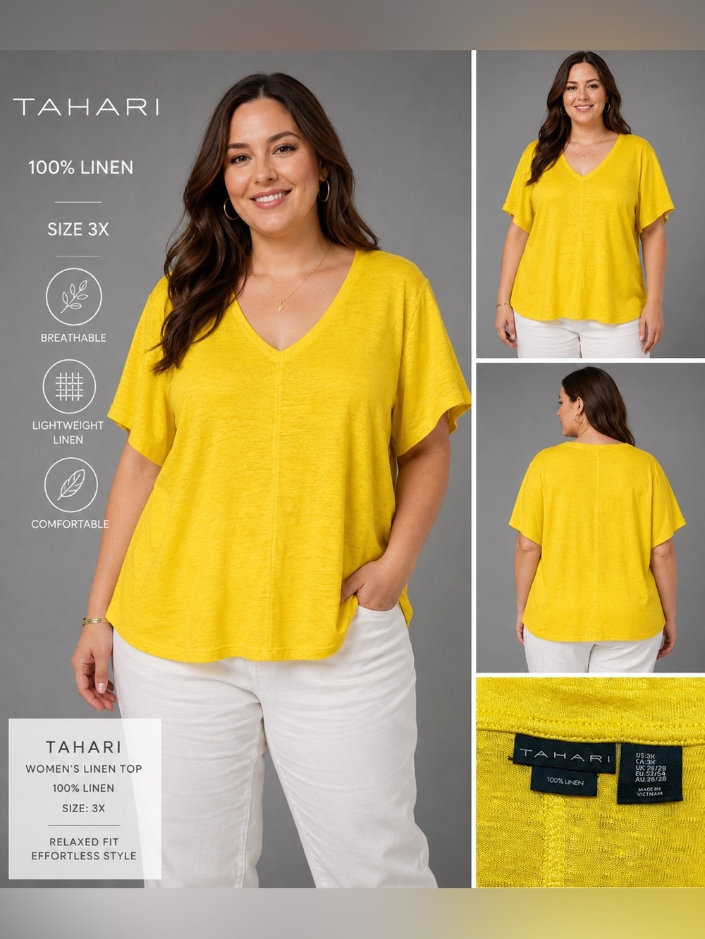 Tahari 100% Linen V-Neck Top Bright Yellow Relaxed Fit Size 3X